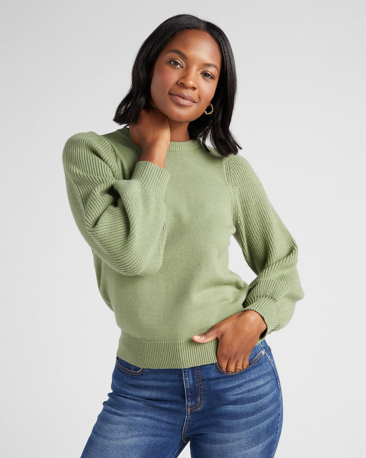 Frosty Spruce Green $|& 78&SUNNY Pacific Puff Shoulder Crew Neck Sweater - SOF Front