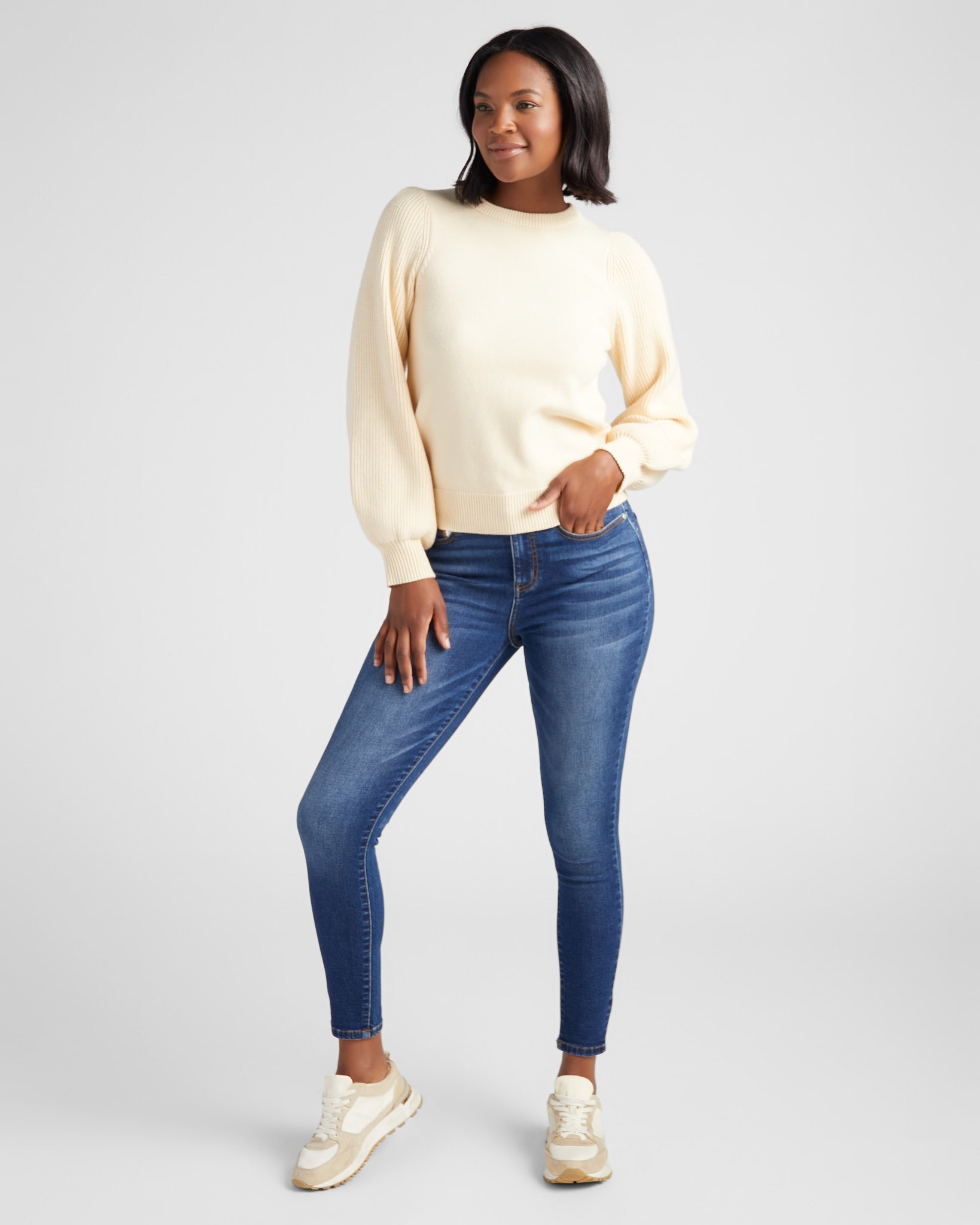 Cream $|& SEAS Pacific Puff Shoulder Crew Neck Sweater - SOF Full Front