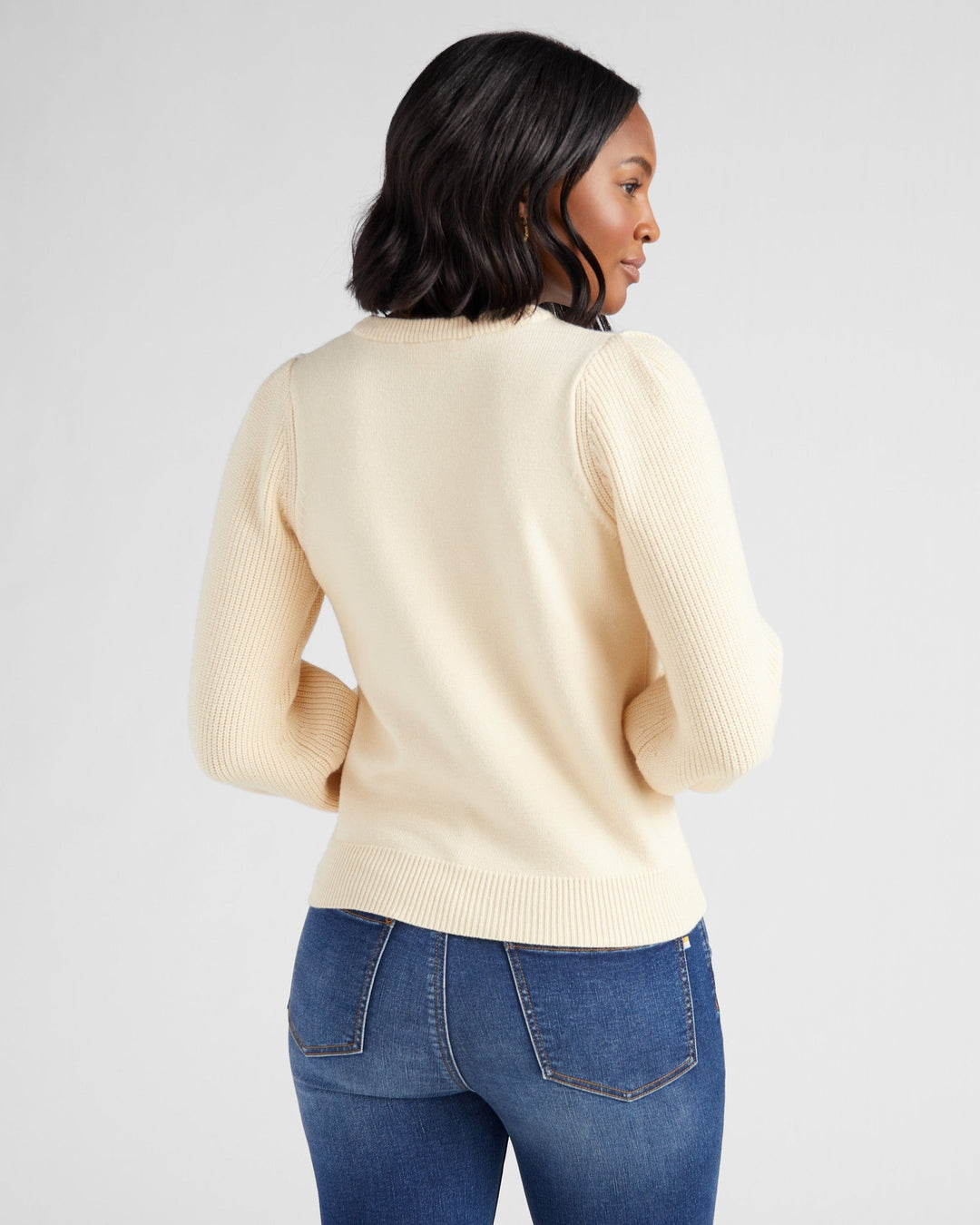 Cream $|& 78&SUNNY Pacific Puff Shoulder Crew Neck Sweater - SOF Back