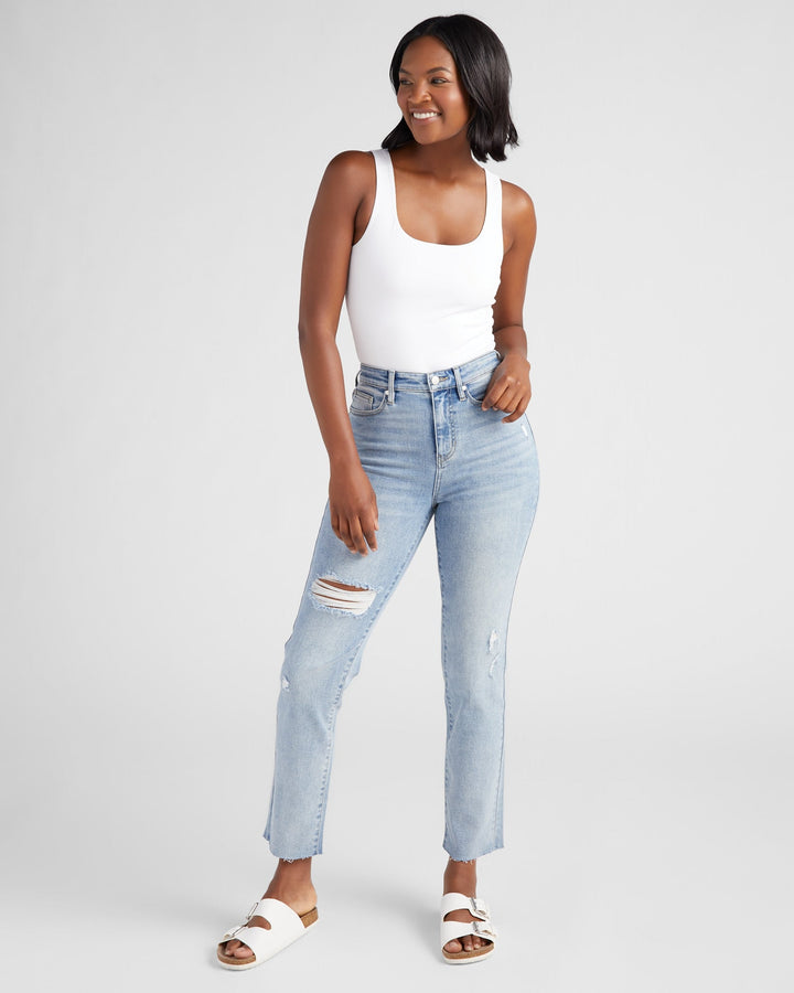 Light Wash Blue $|& 78&SUNNY Olivia High Rise Distressed Straight Leg Jeans - SOF Full Front