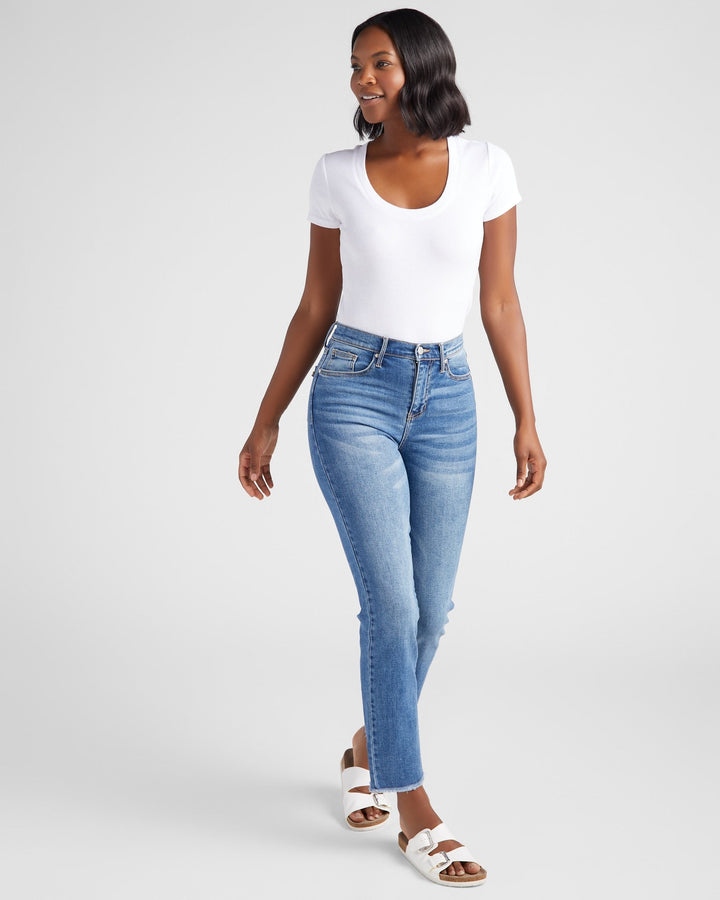 Medium Wash Blue $|& 78&SUNNY Olivia High Rise Straight Leg Jeans - SOF Full Front