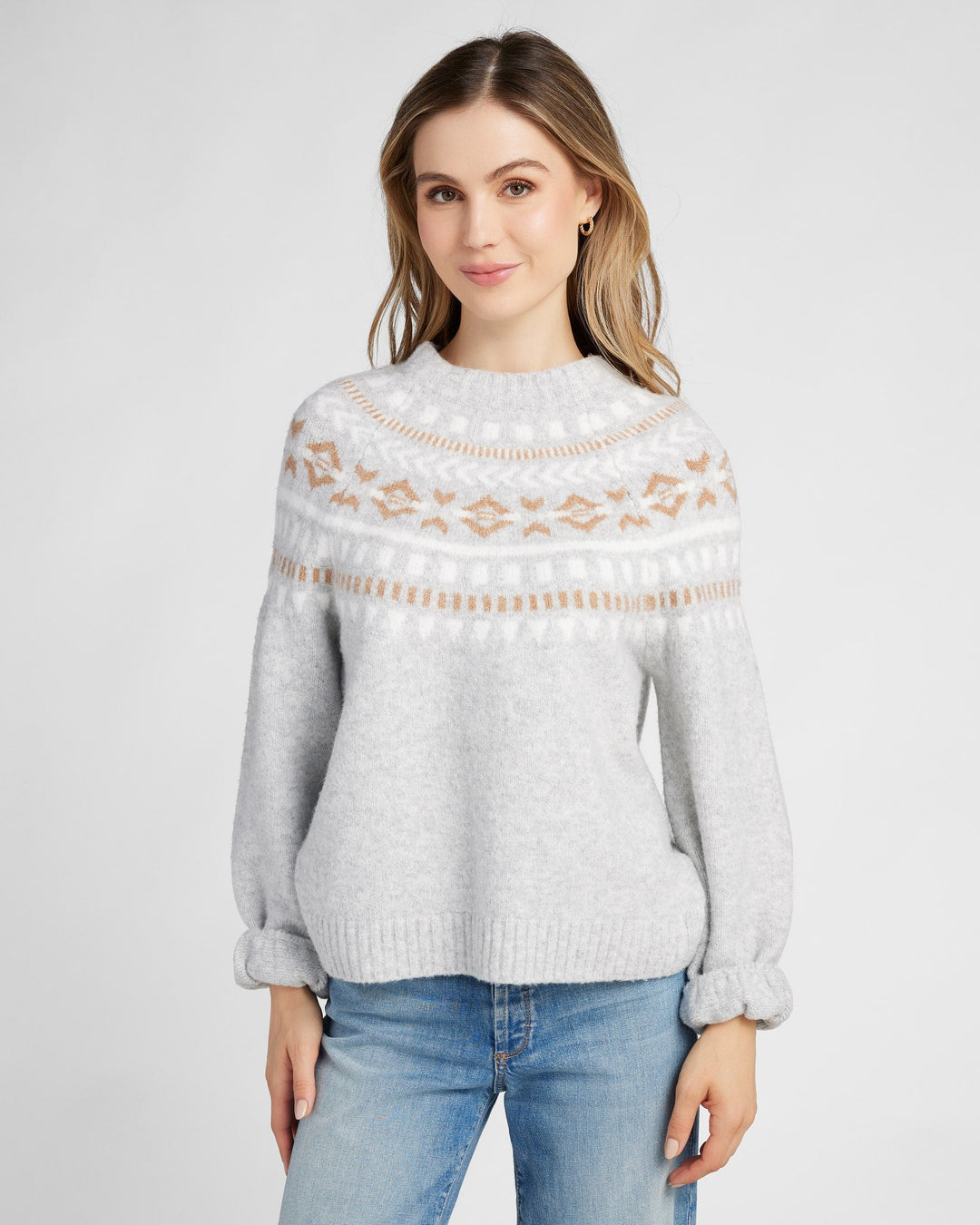 Heather Grey/White/Taupe $|& 78&SUNNY Fairisle Crewneck Sweater - SOF Front