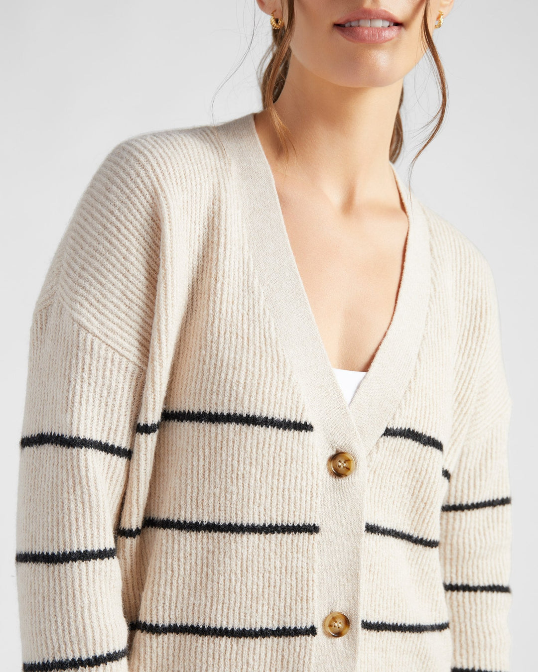 Oatmeal/ Black $|& 78&SUNNY Stripe Button Front Cardigan - SOF Detail