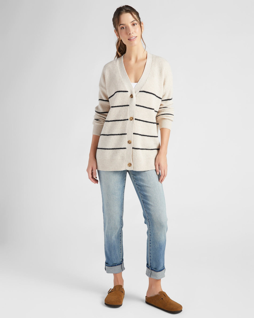 Oatmeal/ Black $|& 78&SUNNY Stripe Button Front Cardigan - SOF Full Front