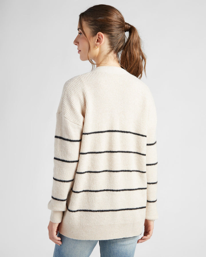 Oatmeal/ Black $|& 78&SUNNY Stripe Button Front Cardigan - SOF Back