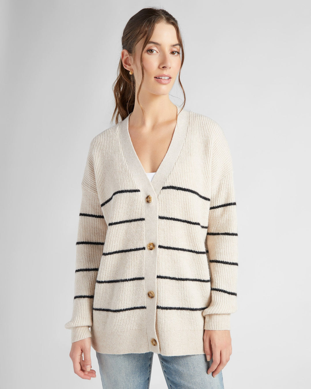 Oatmeal/ Black $|& 78&SUNNY Stripe Button Front Cardigan - SOF Front