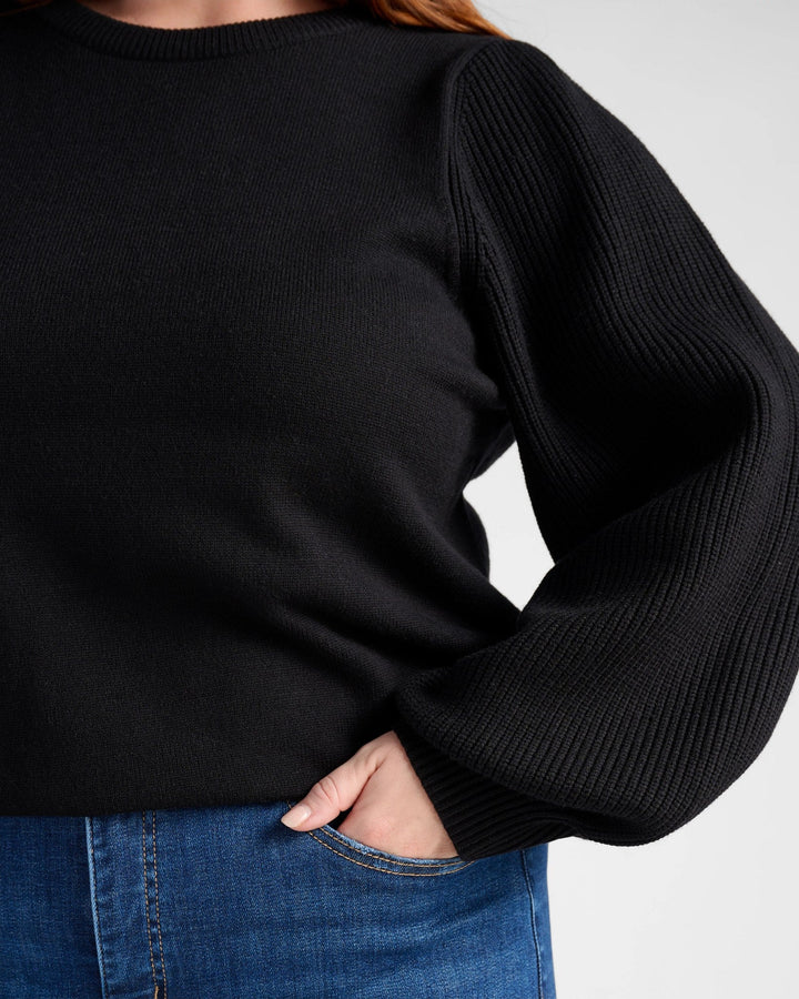 Black $|& 78&SUNNY Pacific Puff Shoulder Crew Neck Sweater - SOF Detail