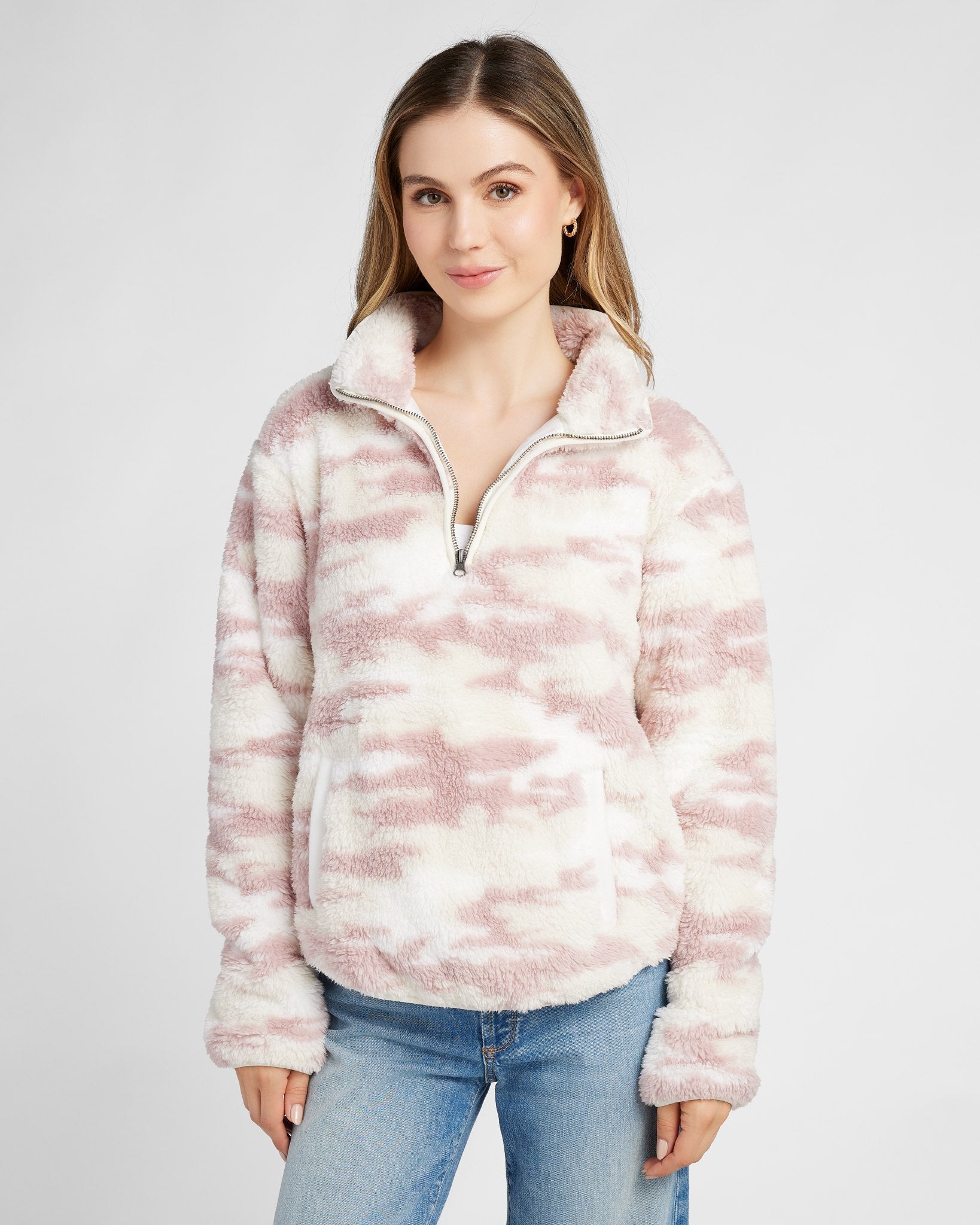 Ivory Mauve Camo $|& SEAS Printed Sherpa Quarter Zip - SOF Front