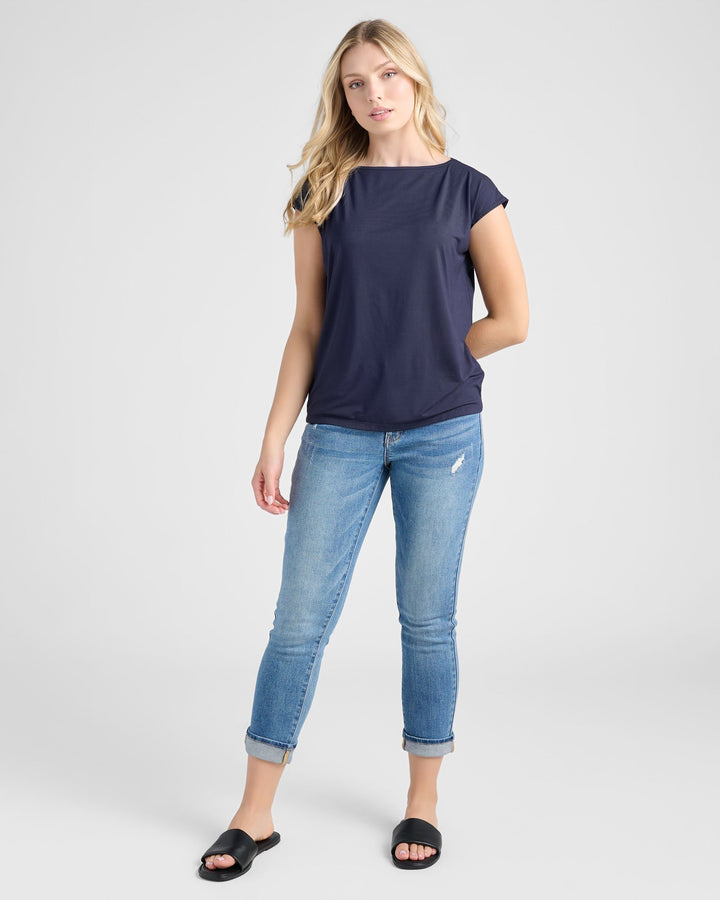 Navy $|& 78&SUNNY Brentwood Boat Neck Top - SOF Full Front