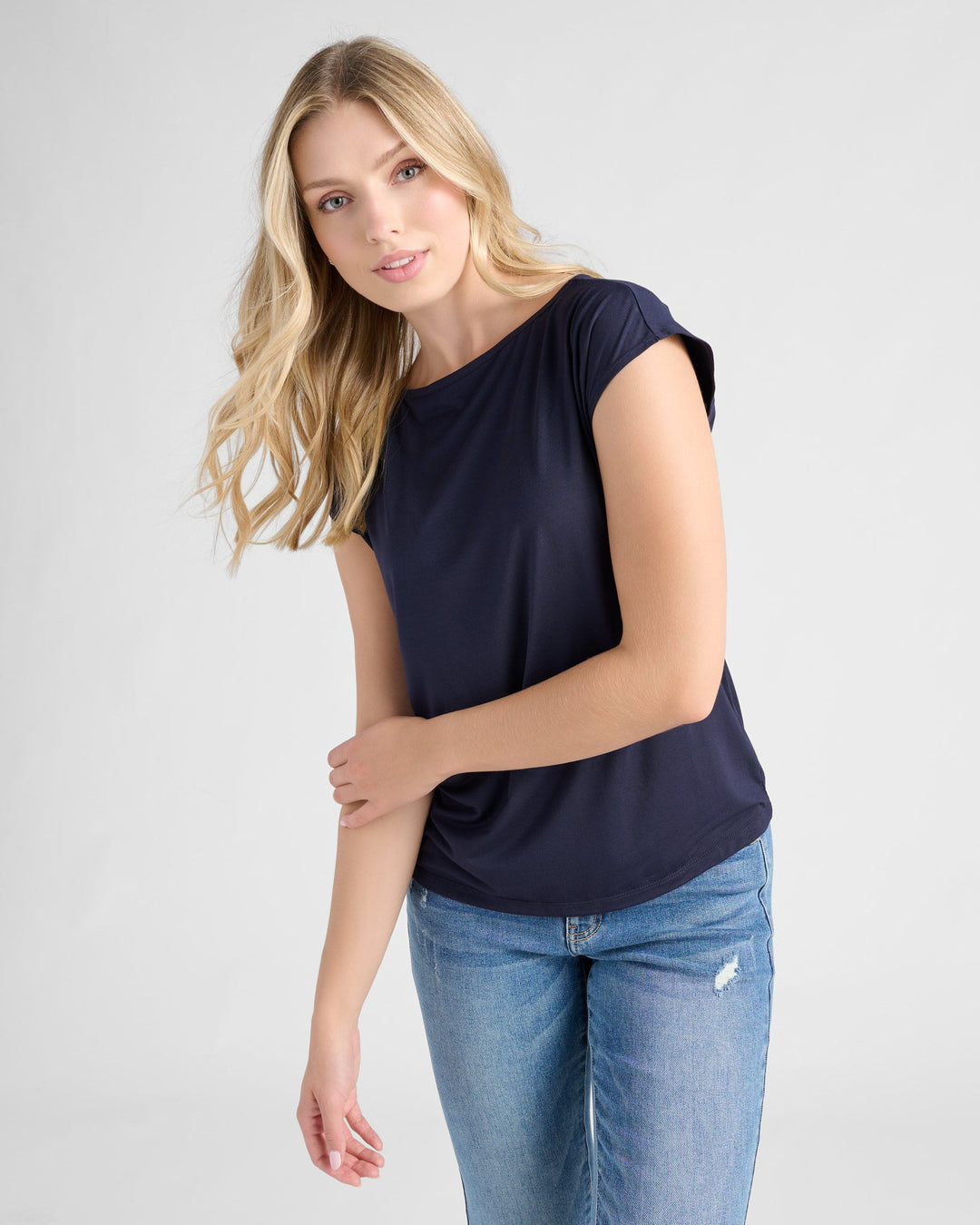 Navy $|& 78&SUNNY Brentwood Boat Neck Top - SOF Front