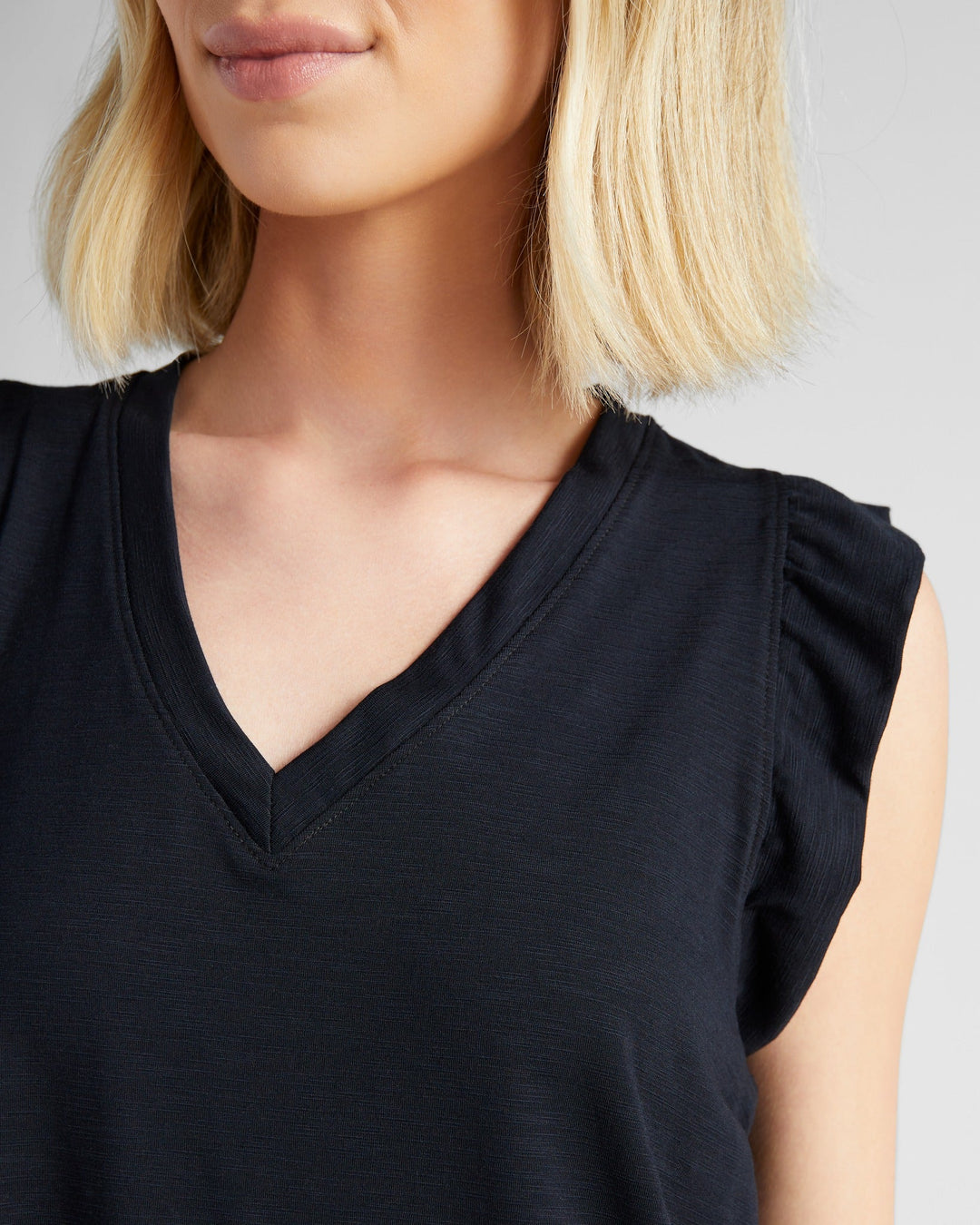 Black $|& 78&SUNNY Ruffle Shoulder Vneck Tank - SOF Detail