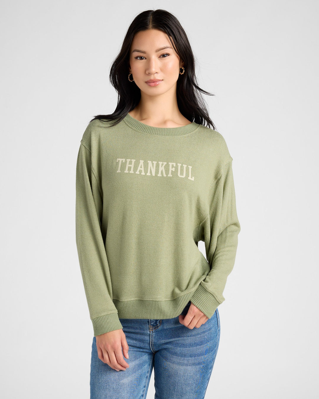 Heathered Olive $|& 78&SUNNY Shoreline Hacci Thankful Graphic Crew - SOF Front