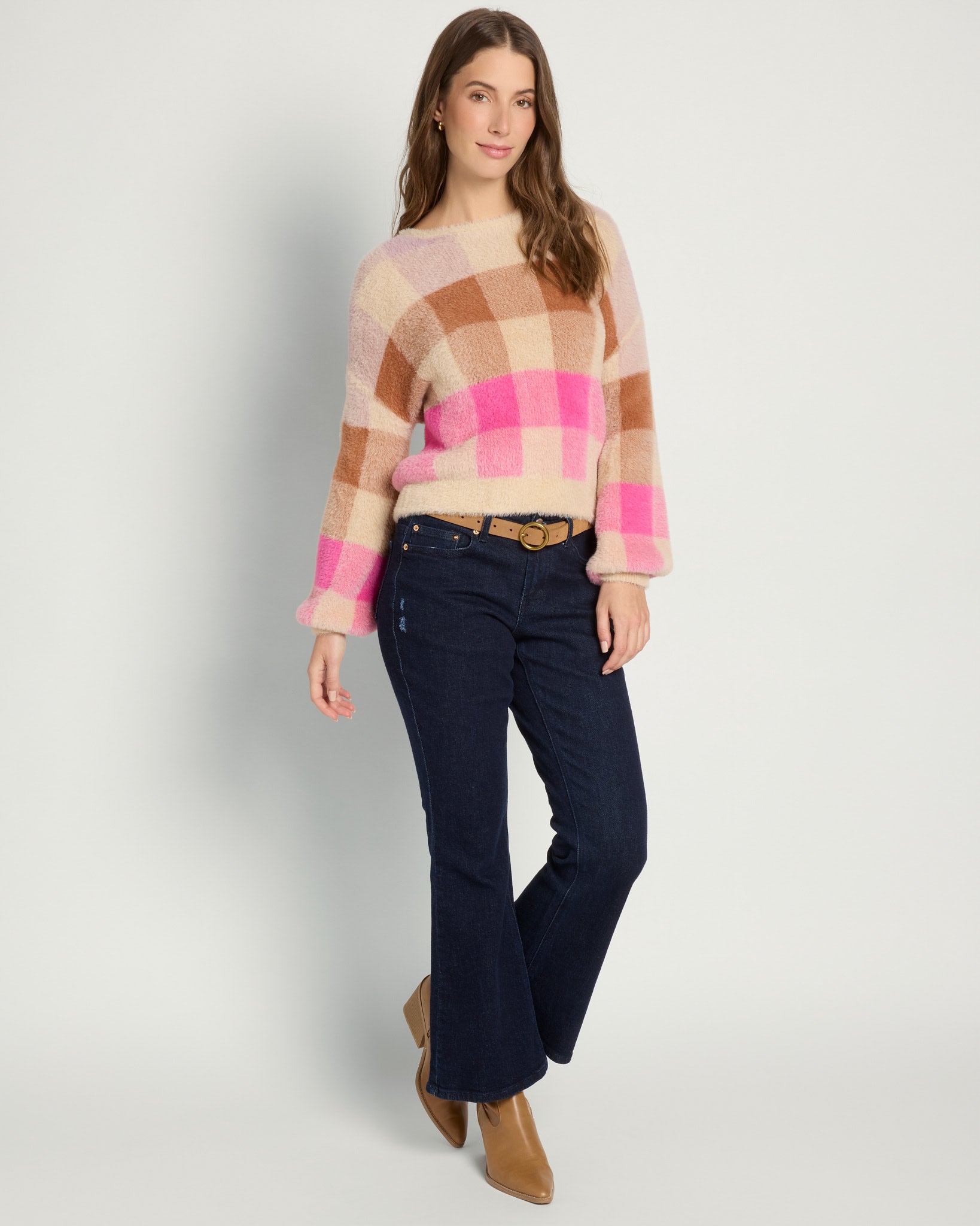 Lilac/ Chocolate/ Hot Pink Plaid $|& SEAS Eyelash Plaid Sweater - UGC On Fig