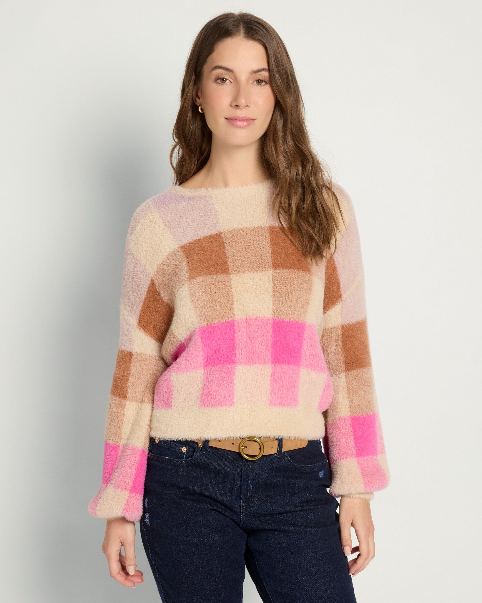 Lilac/ Chocolate/ Hot Pink Plaid $|& SEAS Eyelash Plaid Sweater - SOF Front