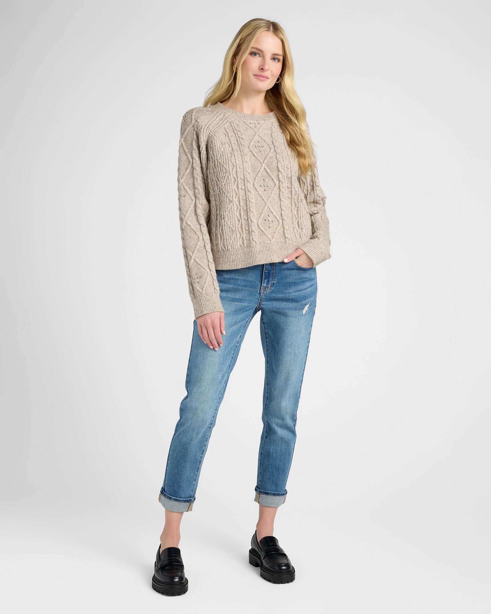 Mushroom $|& SEAS Embellished Cable Crew Sweater - SOF Full Front