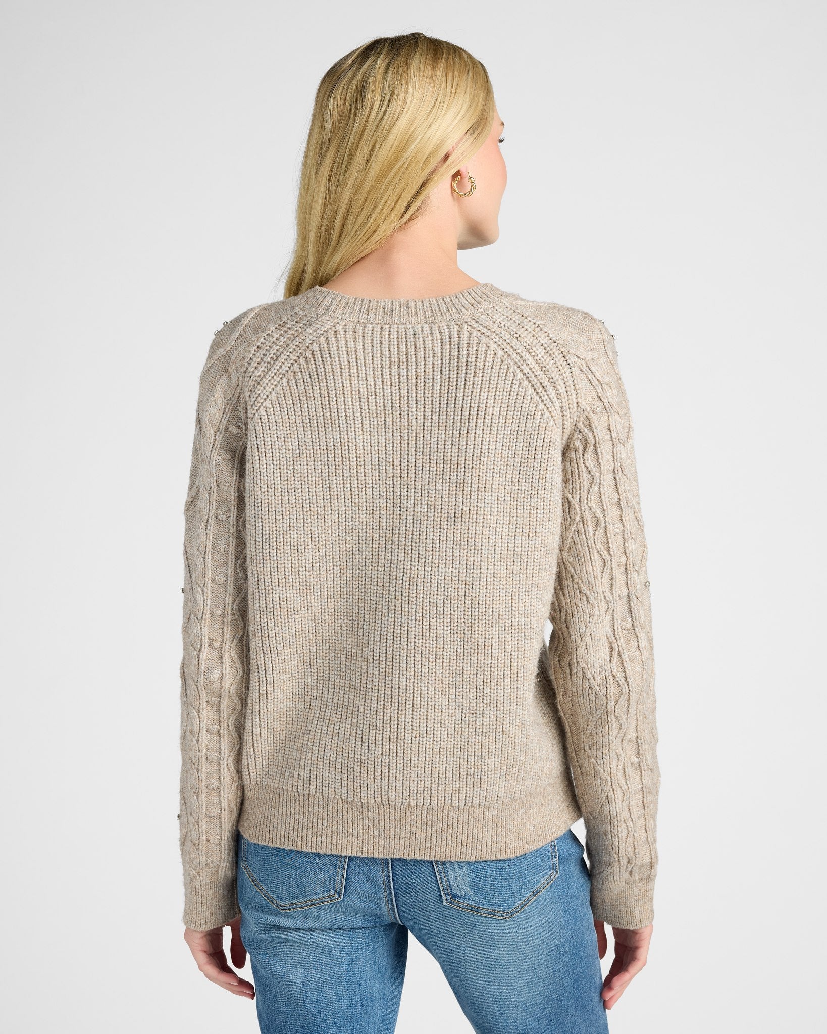 Mushroom $|& 78&SUNNY Embellished Cable Crew Sweater - SOF Back