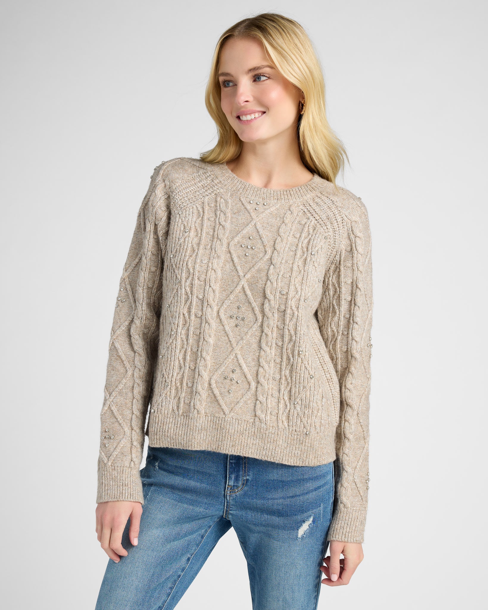 Mushroom $|& SEAS Embellished Cable Crew Sweater - SOF Front