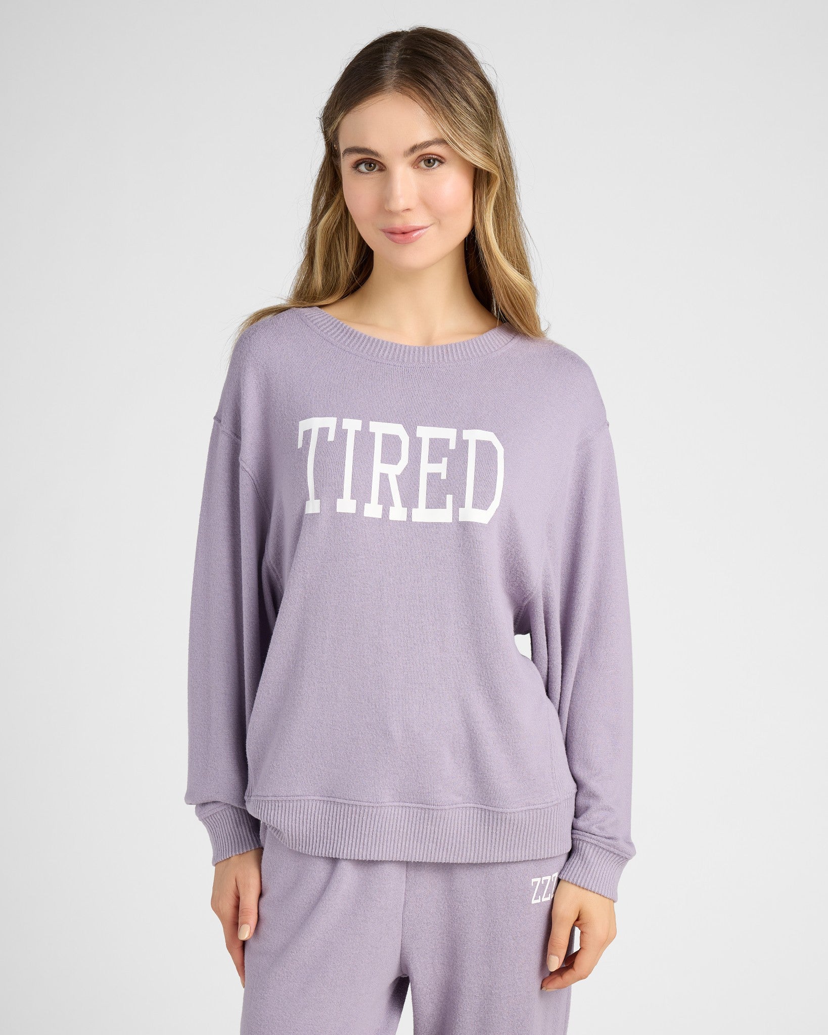 Heather Purple Sage $|& SEAS Shoreline Hacci "Tired" Graphic Pullover - SOF Front