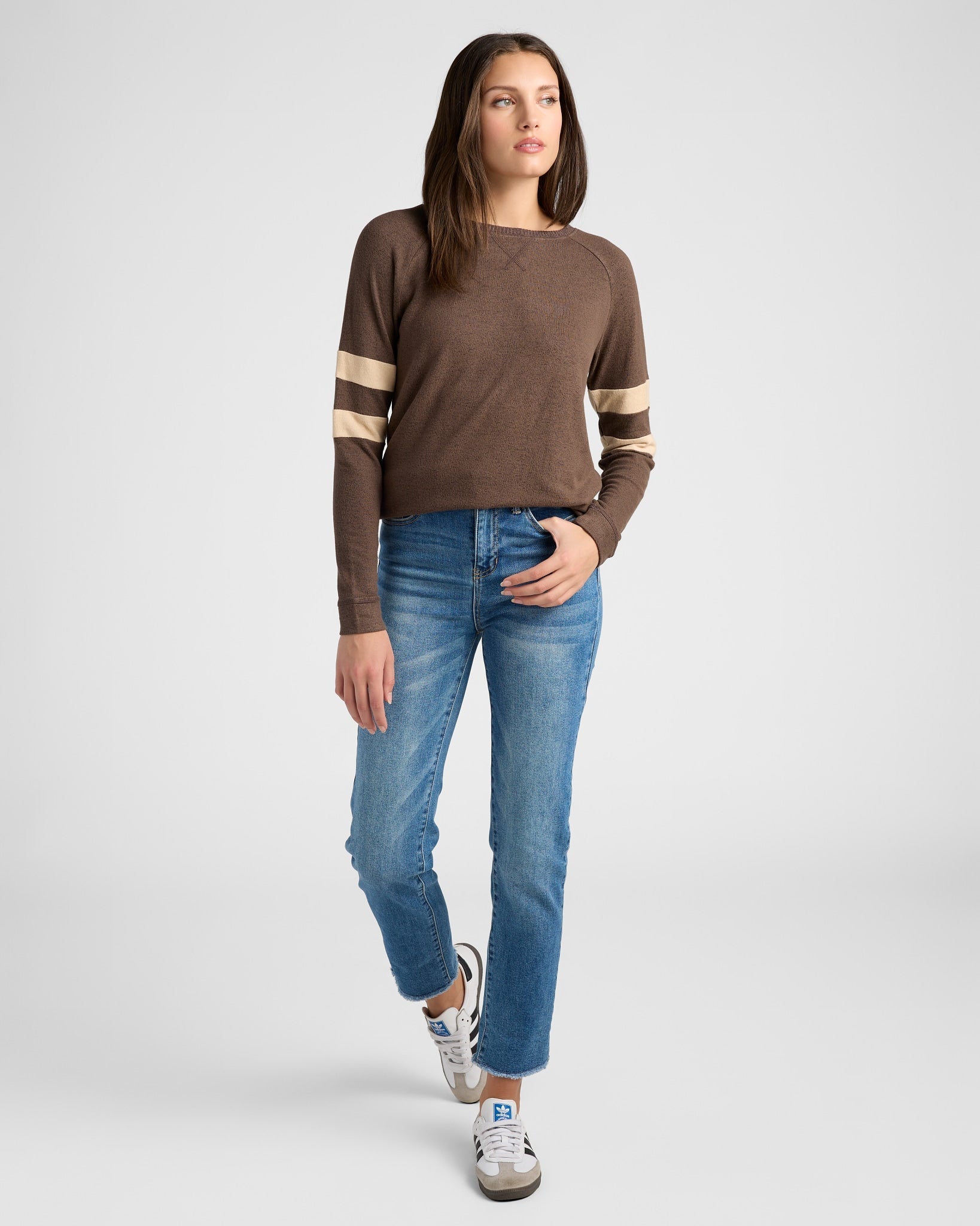 Heathered Dark Chocolate/Heathered Oatmeal $|& 78&SUNNY Shoreline Varsity Cozy Top - SOF Full Front