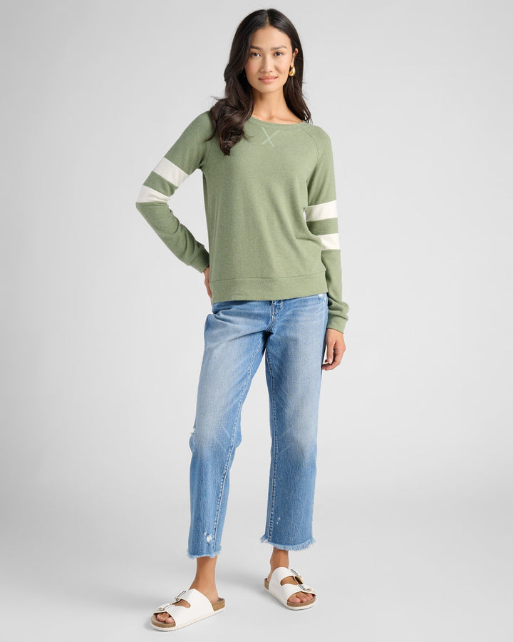 Heathered Olive/Cream $|& 78&SUNNY Shoreline Varsity Cozy Top - SOF Full Front