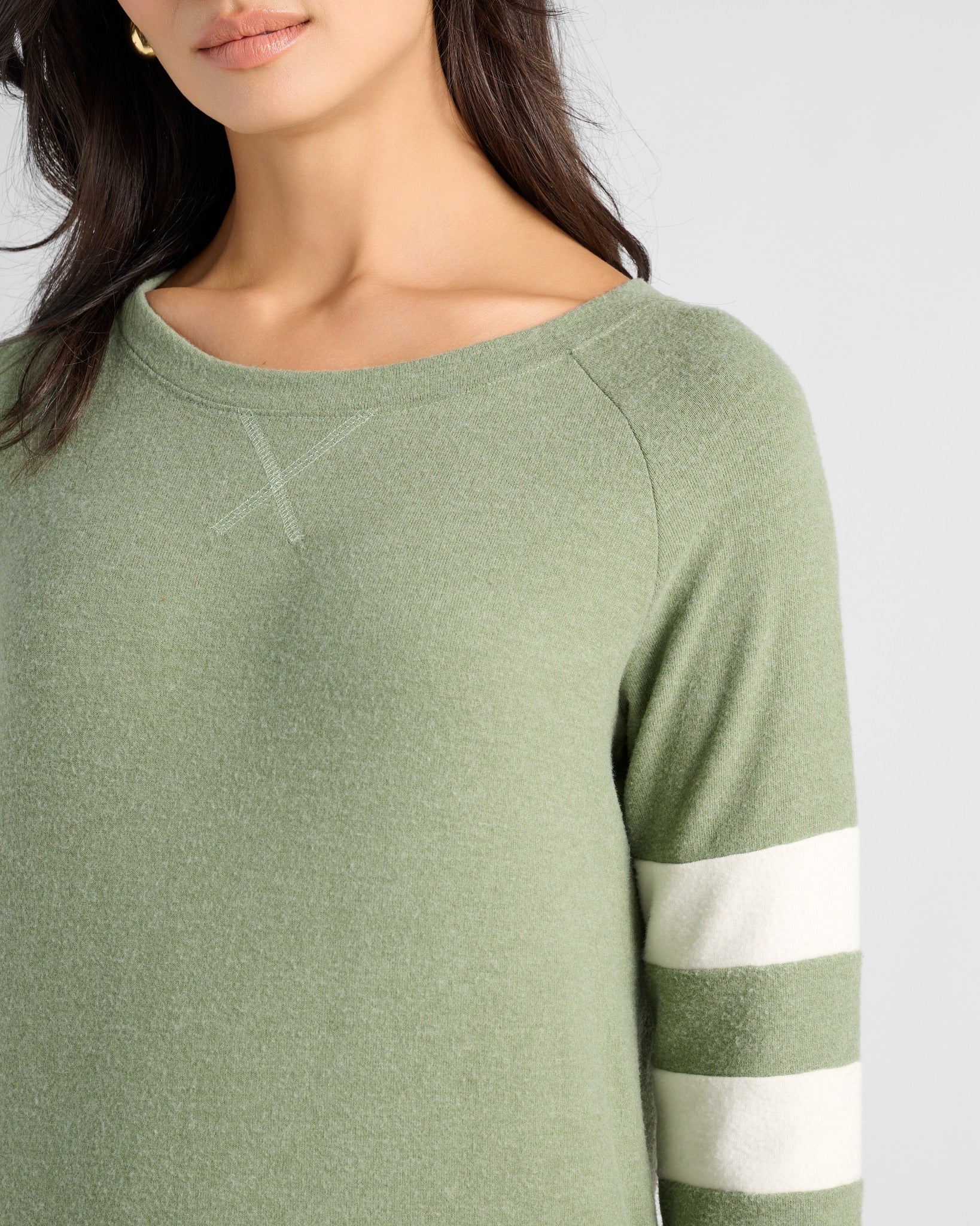 Heathered Olive/Cream $|& SEAS Shoreline Varsity Cozy Top - SOF Detail