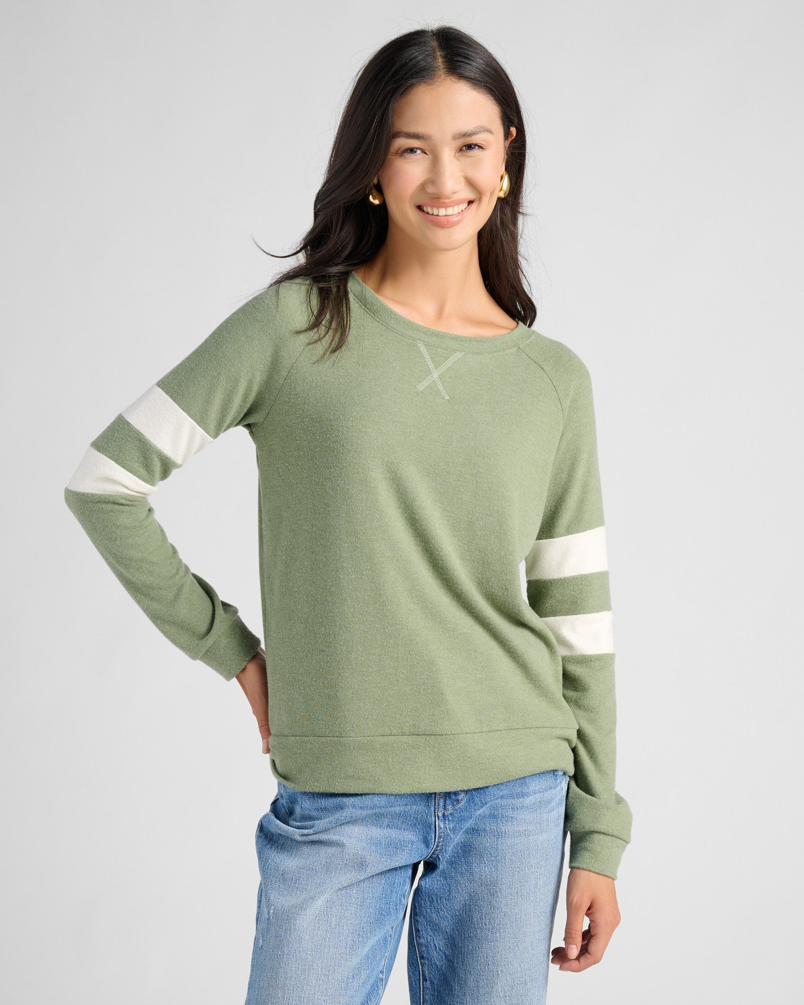 Heathered Olive/Cream $|& SEAS Shoreline Varsity Cozy Top - SOF Front