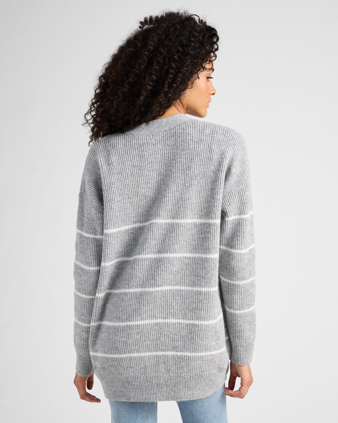 Heather Grey/White $|& 78&SUNNY Stripe Button Front Cardigan - SOF Back