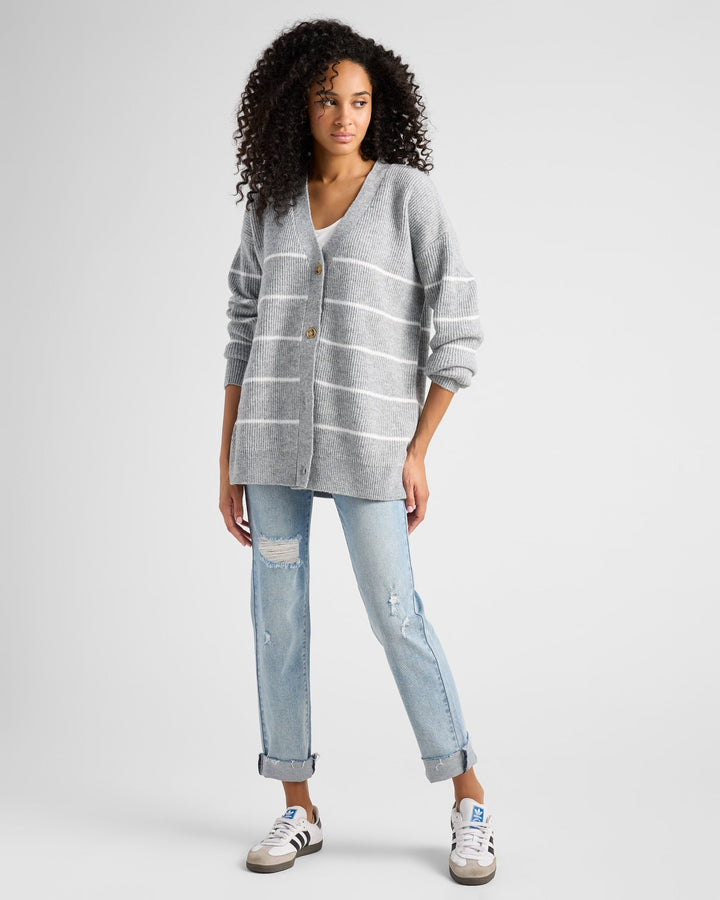 Heather Grey/White $|& 78&SUNNY Stripe Button Front Cardigan - SOF Full Front