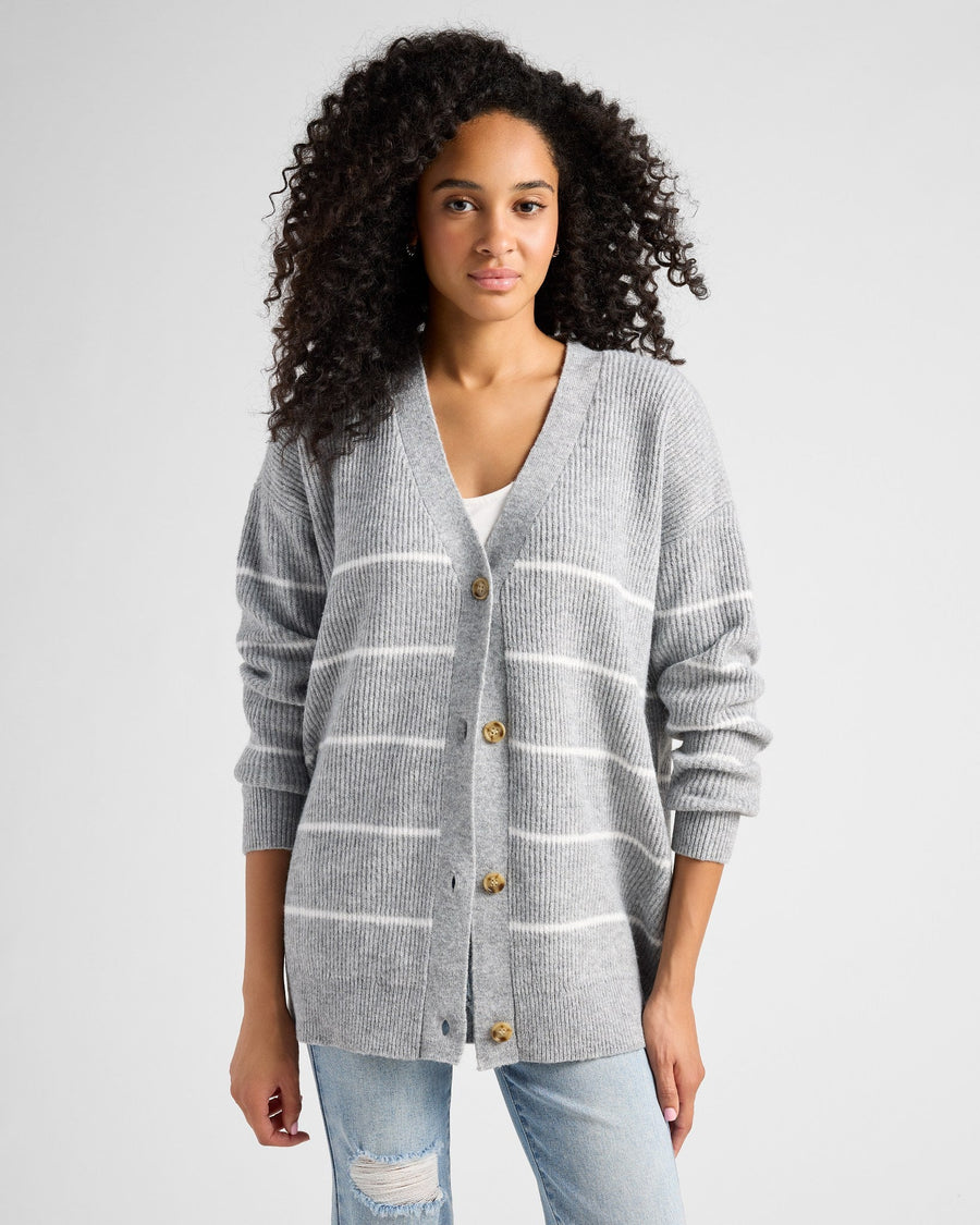 Heather Grey/White $|& 78&SUNNY Stripe Button Front Cardigan - SOF Front