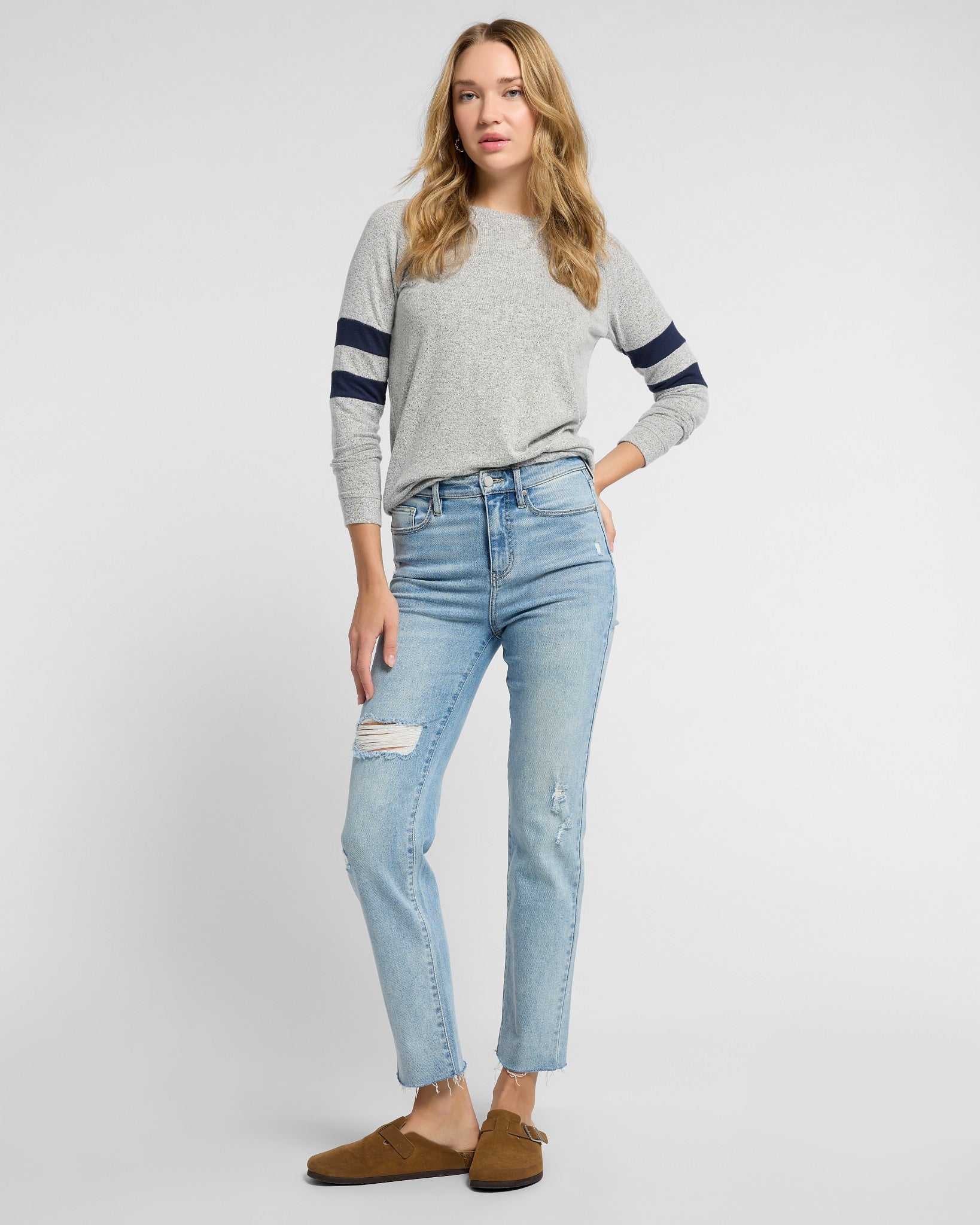 Heather Grey/Navy $|& 78&SUNNY Shoreline Varsity Cozy Top - SOF Full Front