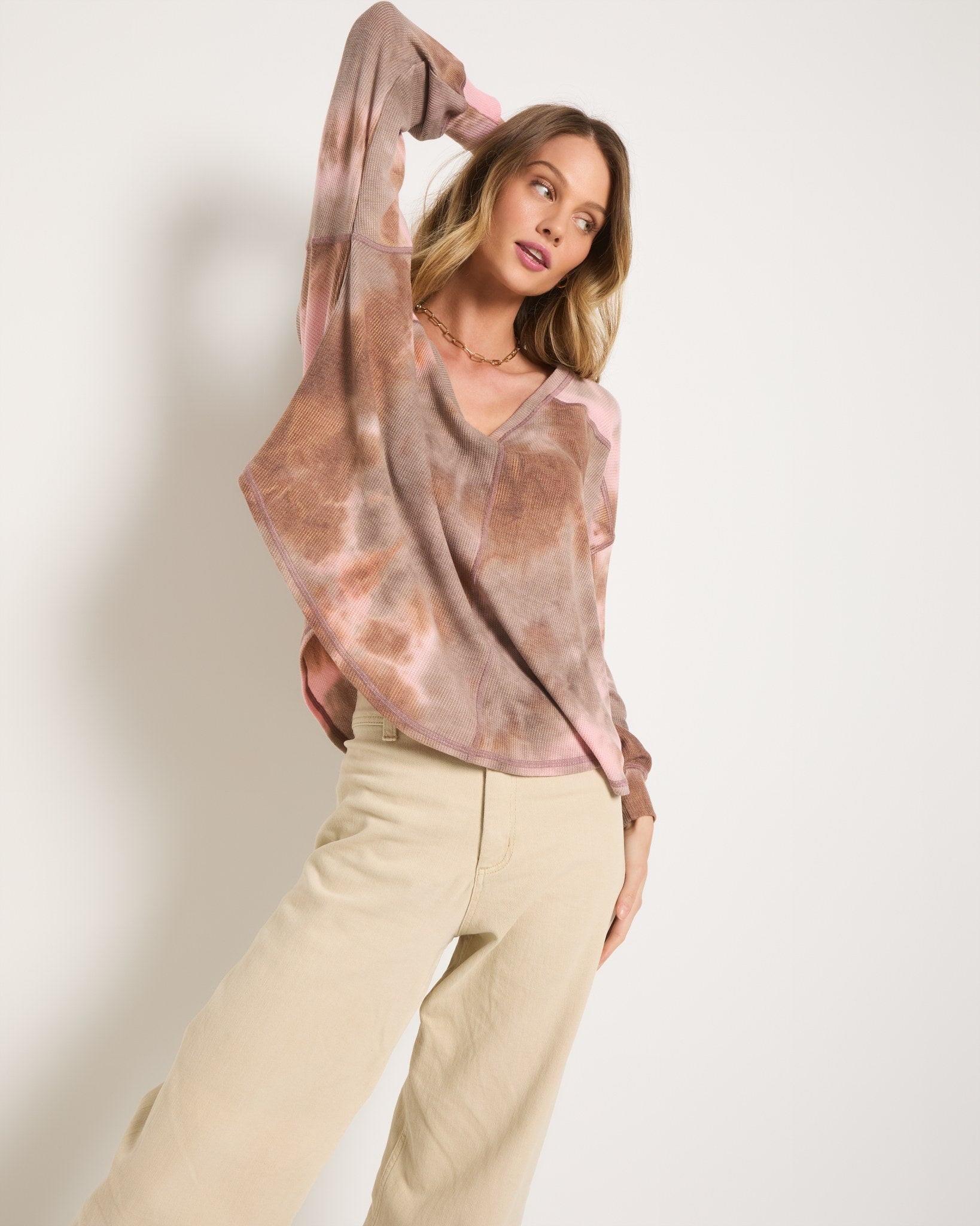 Khaki Tie Dye $|& SEAS Shore V-Neck Light Weight Thermal Top - SOF Full Front