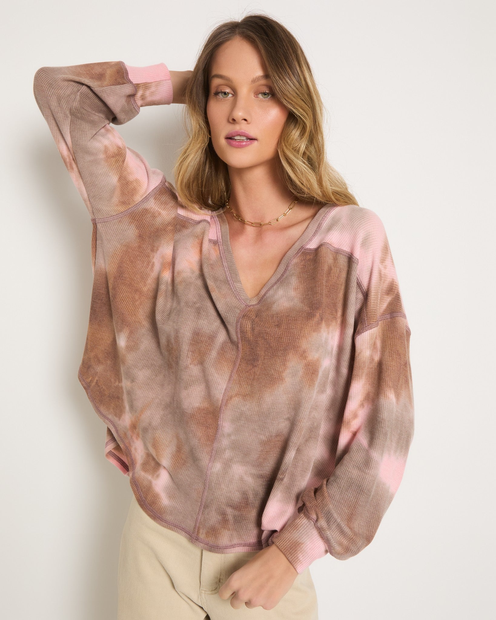 Khaki Tie Dye $|& SEAS Shore V-Neck Light Weight Thermal Top - SOF Front