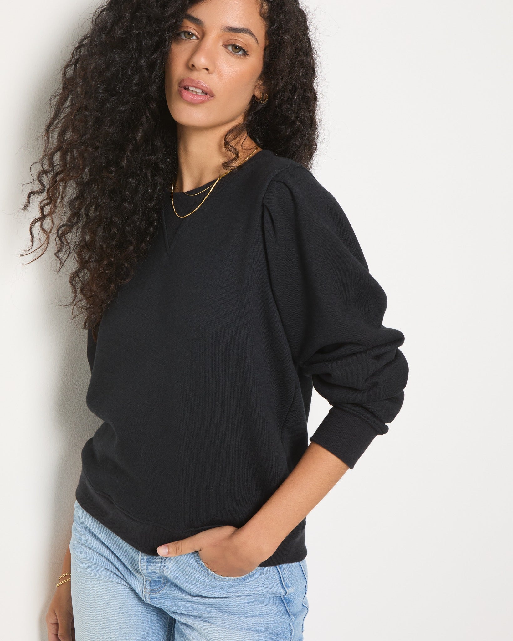 Black $|& SEAS Harbor Puff Sleeve Sweatshirt - SOF Front