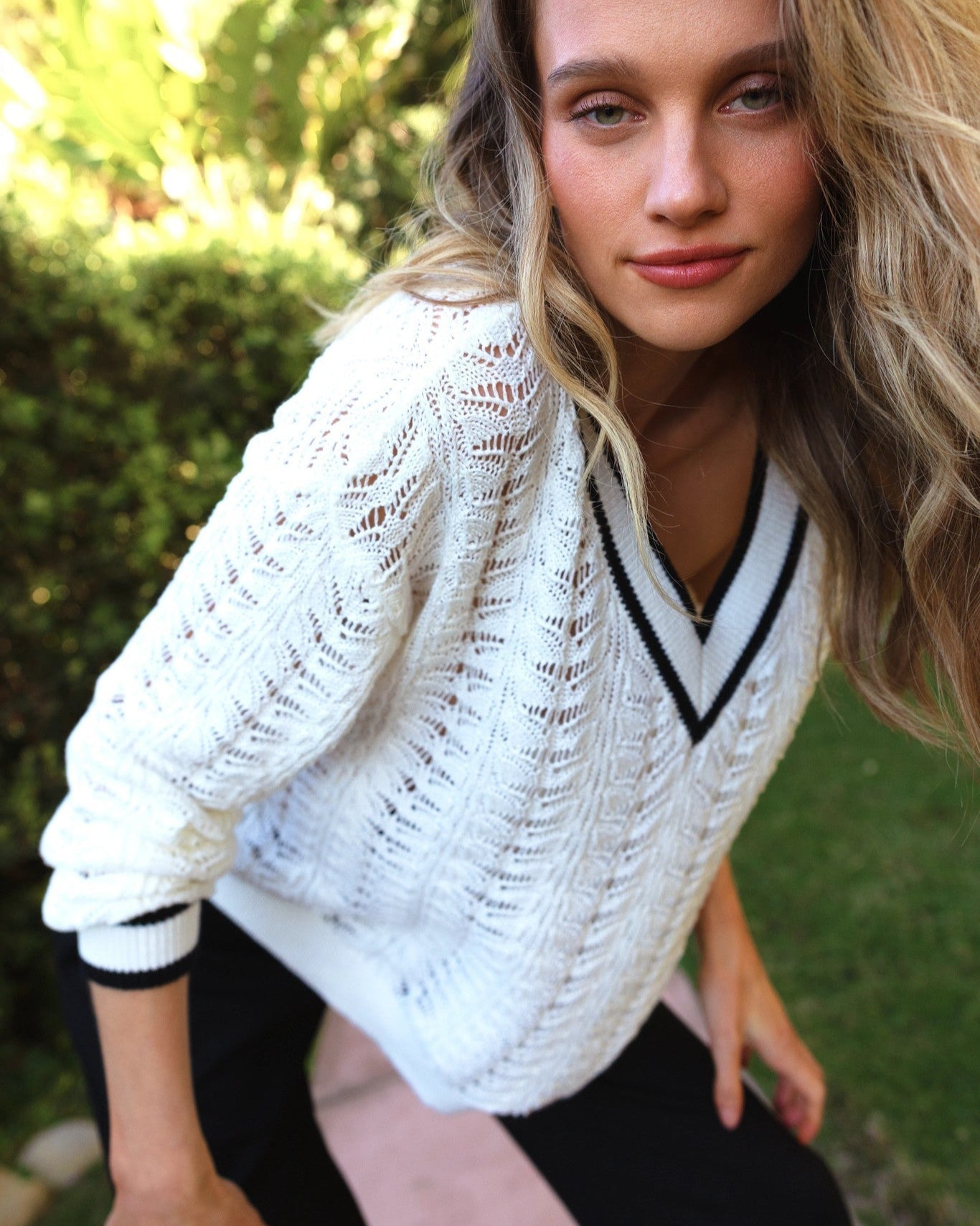 White $|& SEAS Sandyshores Pointelle V-Neck Sweater - SOF Side
