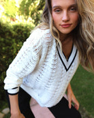 White $|& SEAS Sandyshores Pointelle V-Neck Sweater - SOF Side