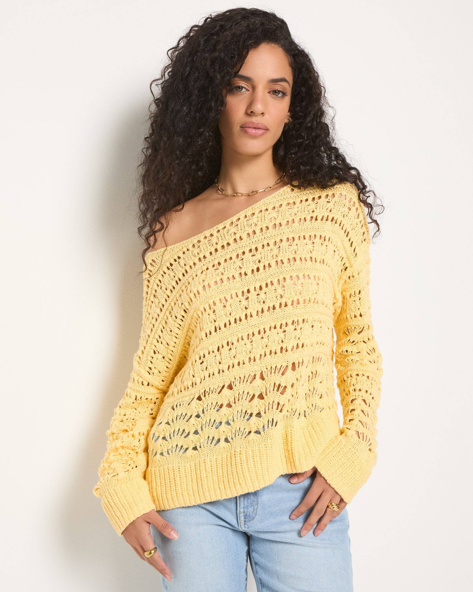 Butter $|& SEAS Sage Off Shoulder Pointelle Sweater - SOF Front