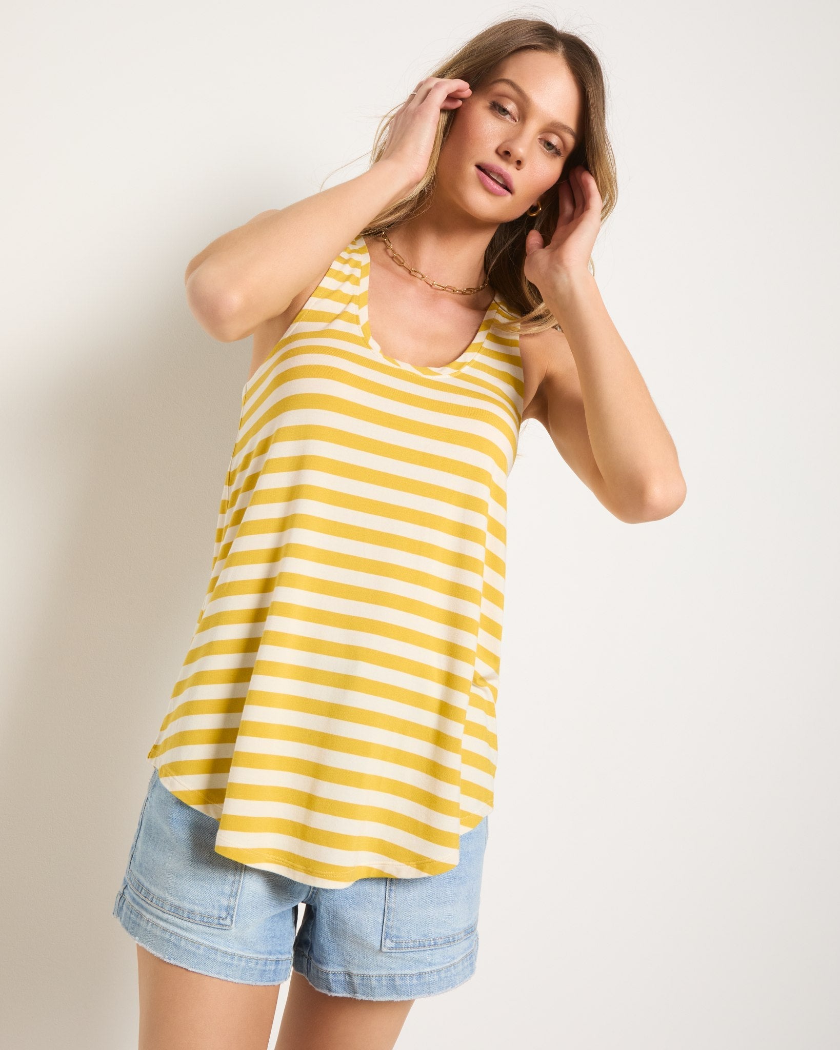 Amber Haze Stripe $|& SEAS Surfside Stripe Scoop Tank - SOF Front