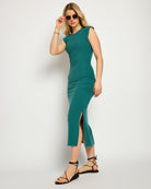 Deep Teal Green $|& SEAS Fairfax Ruched Midi Dress - SOF Front