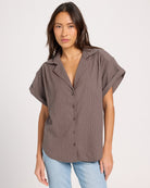 Grey Stripe $|& SEAS Crest Stripe Linen Blend Blouse - SOF Front