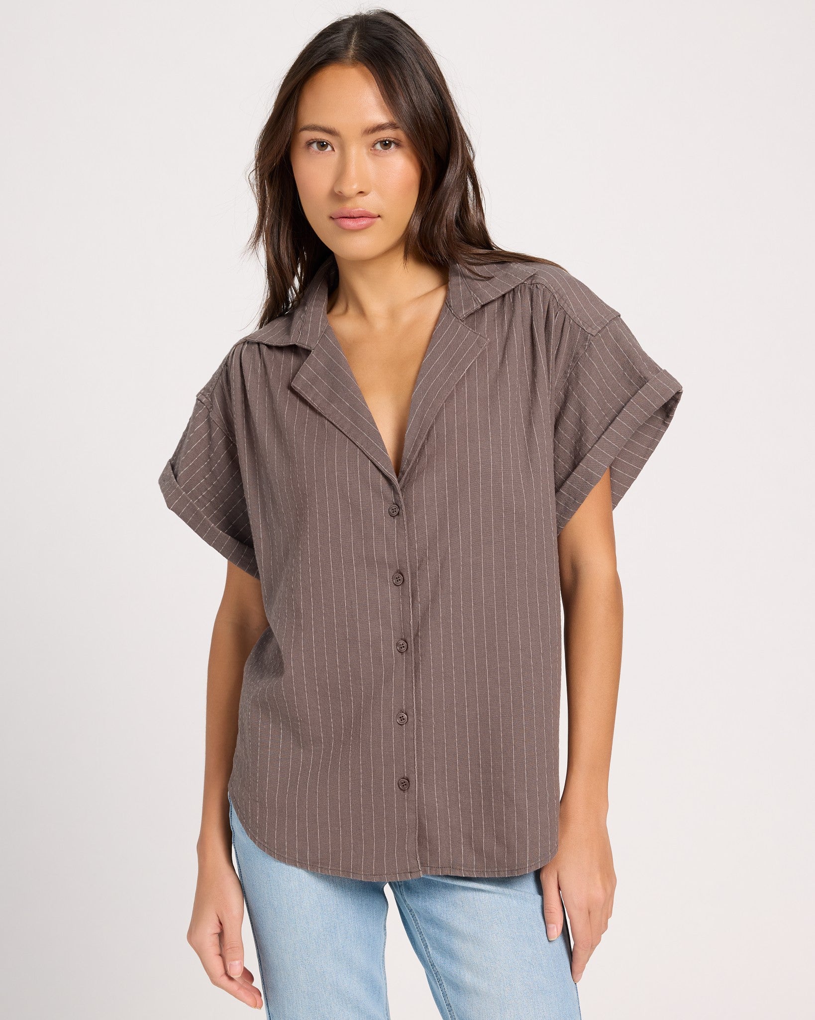 Grey Stripe $|& SEAS Crest Stripe Linen Blend Blouse - SOF Front