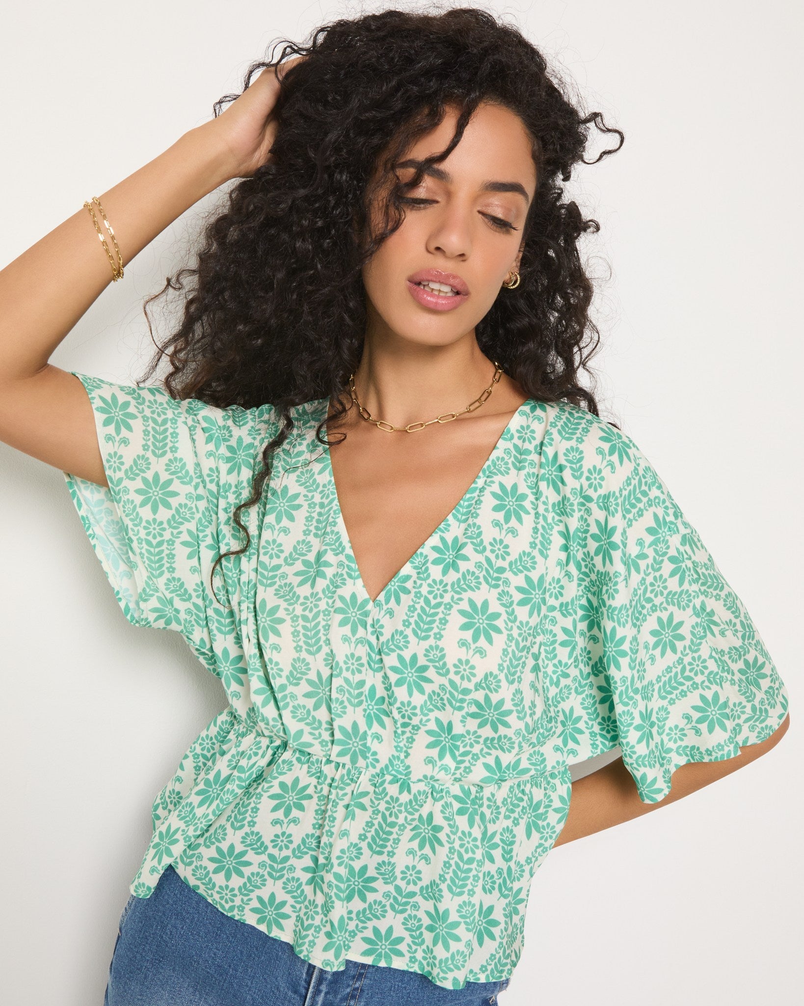 Apple Green Floral $|& SEAS Skysail Printed V-Neck Blouse - VOF Front