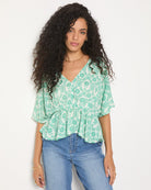 Apple Green Floral $|& SEAS Skysail Printed V-Neck Blouse - SOF Front