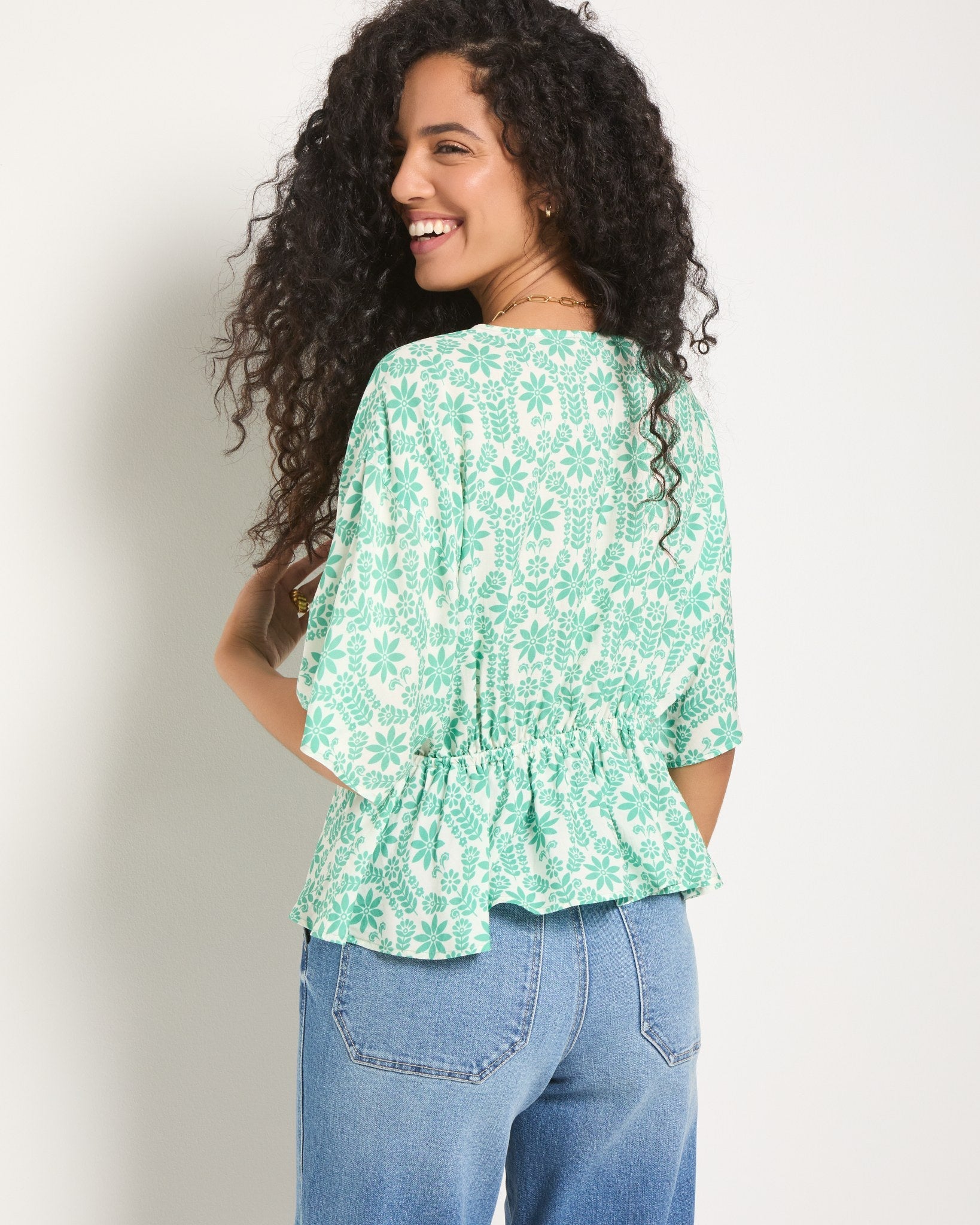 Apple Green Floral $|& SEAS Skysail Printed V-Neck Blouse - SOF Back