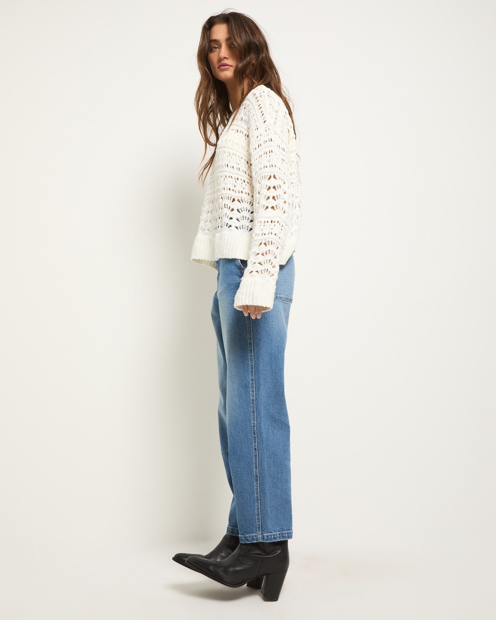 White $|& SEAS Sage Off Shoulder Pointelle Sweater - VOF Side