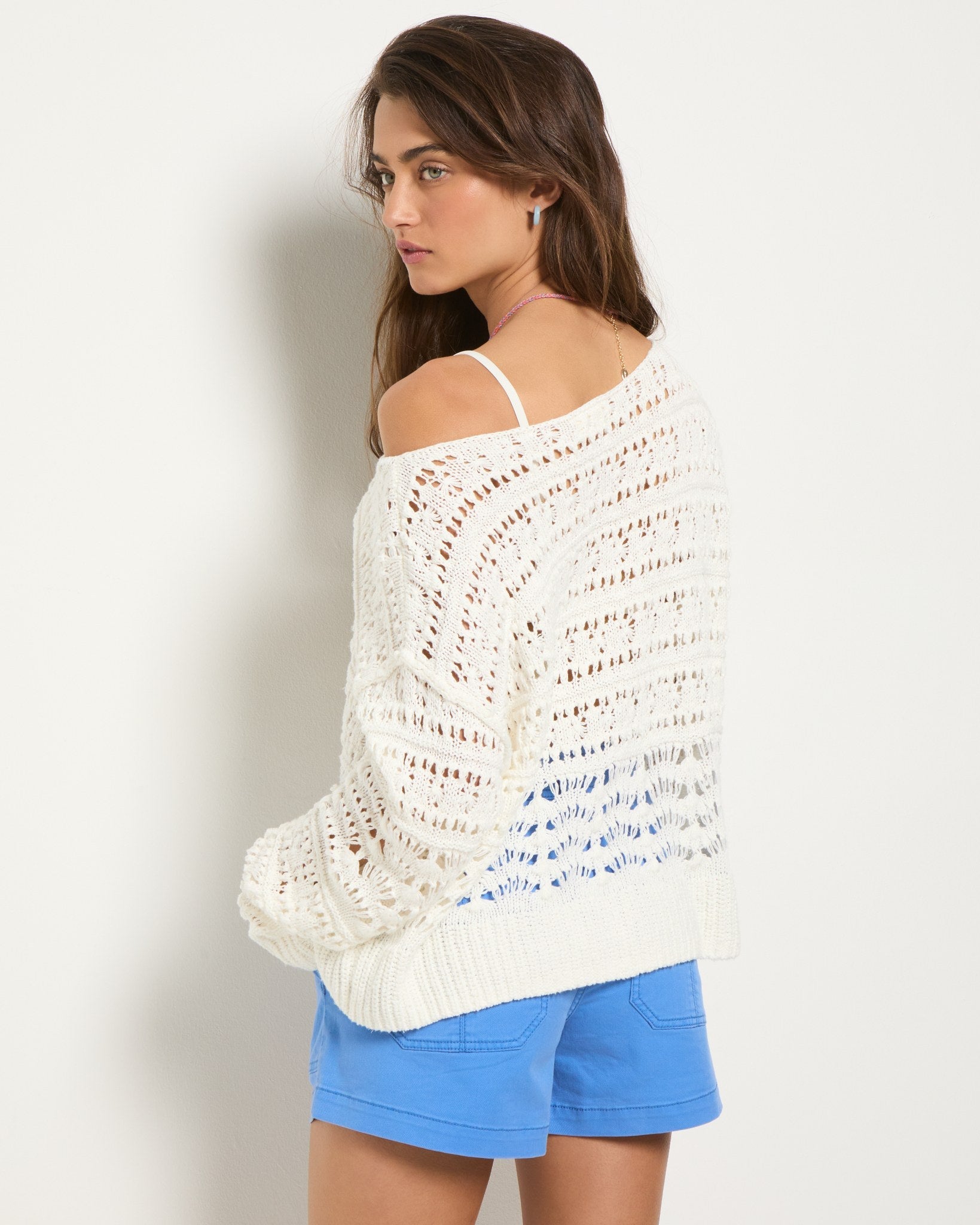 White $|& SEAS Sage Off Shoulder Pointelle Sweater - SOF Back