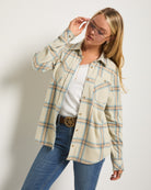 Country Blue/Cream Plaid $|& SEAS Sunset Plaid Knit Top - SOF Front