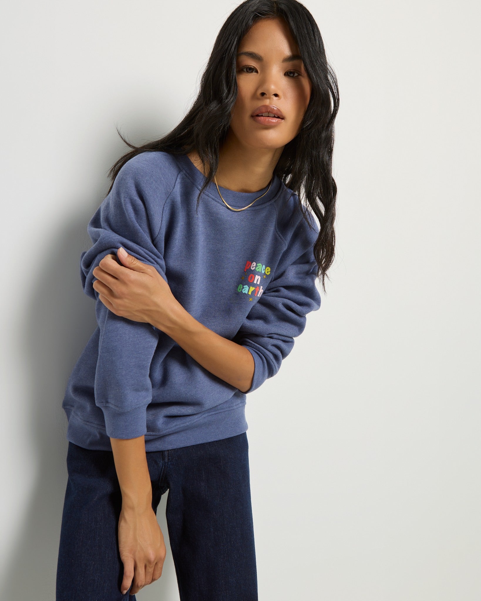 Heather Indigo Haze $|& SEAS Cliffedge Raglan Peace on Earth Sweatshirt - VOF Front
