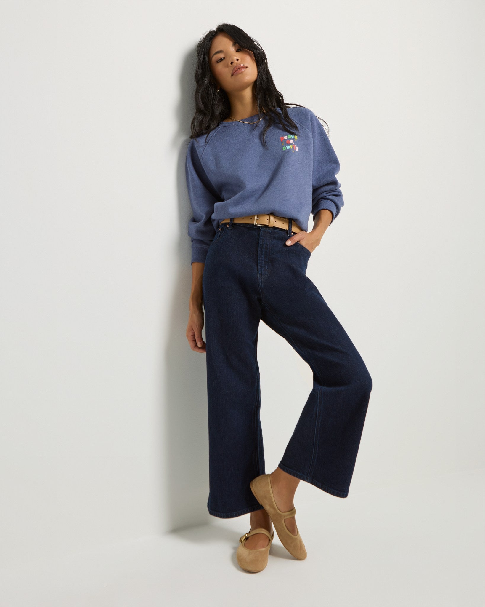 Heather Indigo Haze $|& SEAS Cliffedge Raglan Peace on Earth Sweatshirt - UGC On Fig