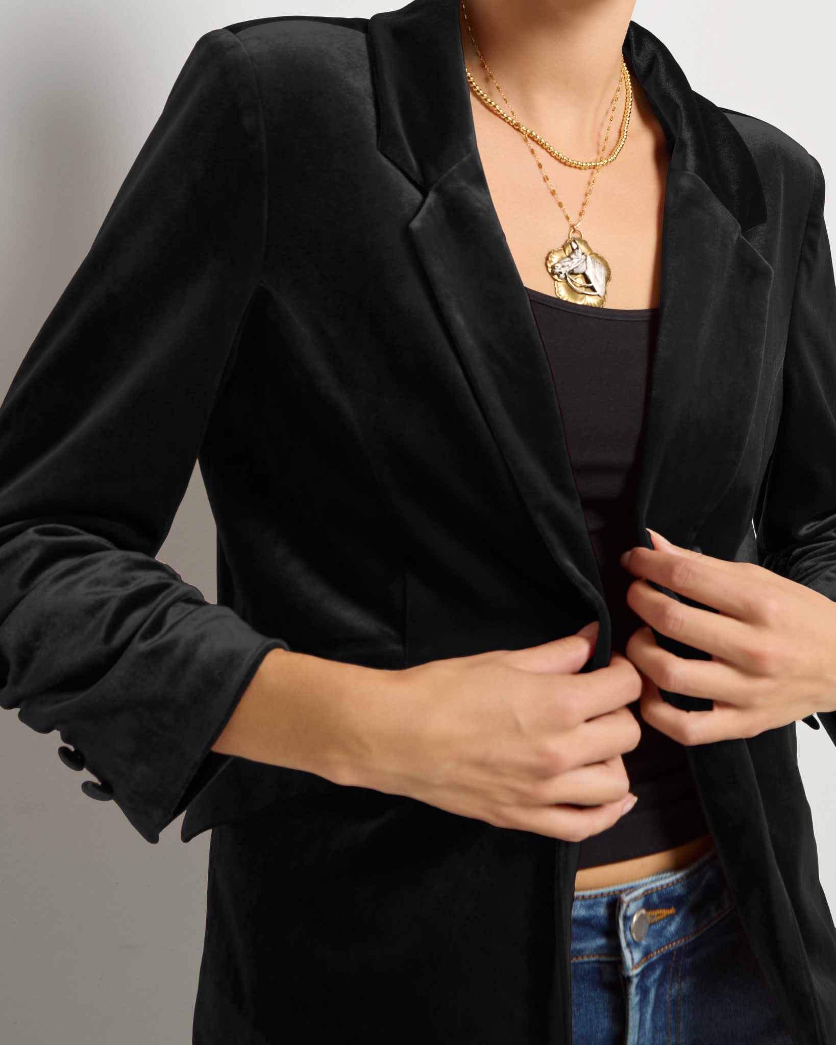 Black $|& SEAS Aries Ruched Sleeve Blazer - VOF Front