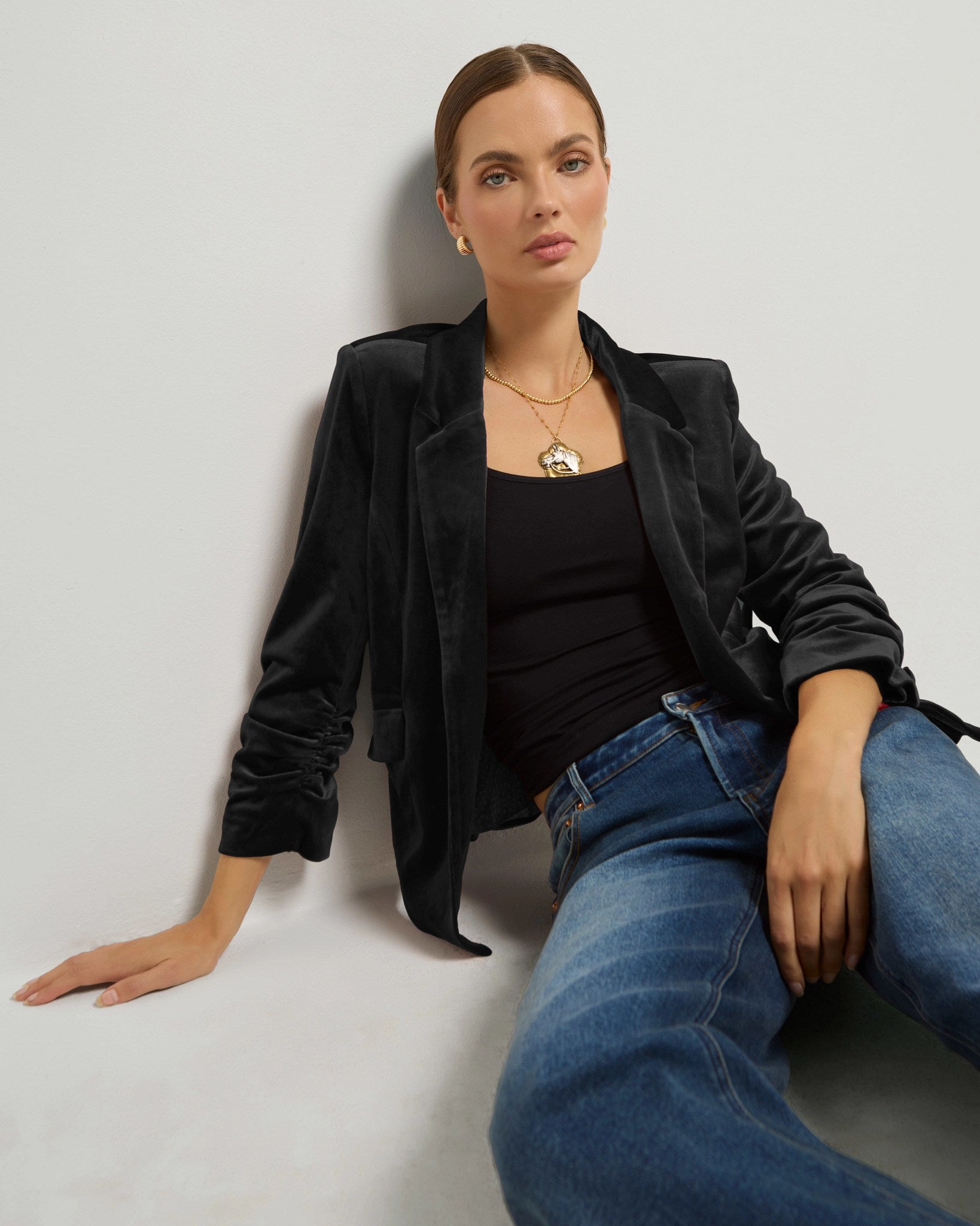 Black $|& SEAS Aries Ruched Sleeve Blazer - SOF Full Front